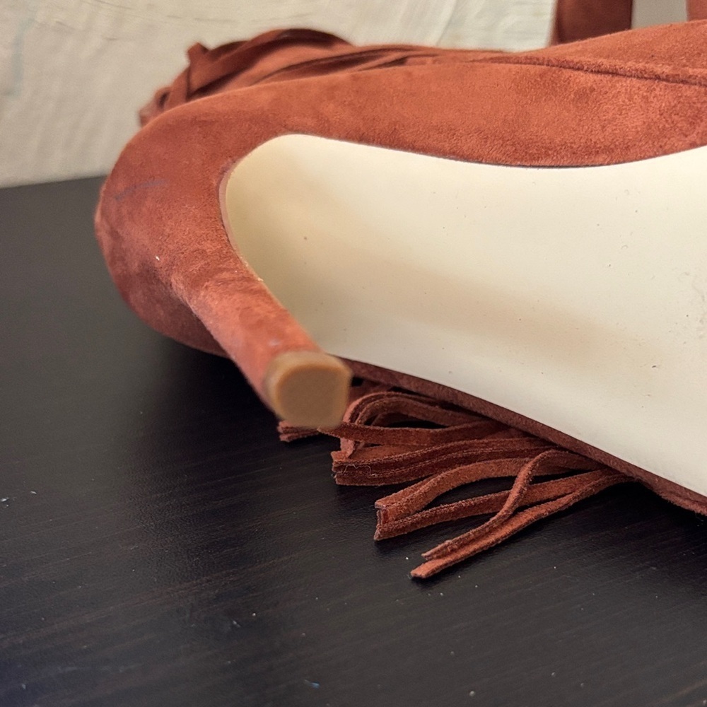 JustFab Rust Brown Suede Fringe Peep-Toe Stiletto Booties - Picture 4 of 6